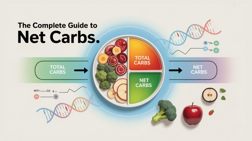 Infographic showing the relationship between total carbs and net carbs, with a plate divided into sections labeled Total Carbs and Net Carbs, surrounded by fruits and vegetables like broccoli and apples, illustrating how to calculate net carbs visually.”