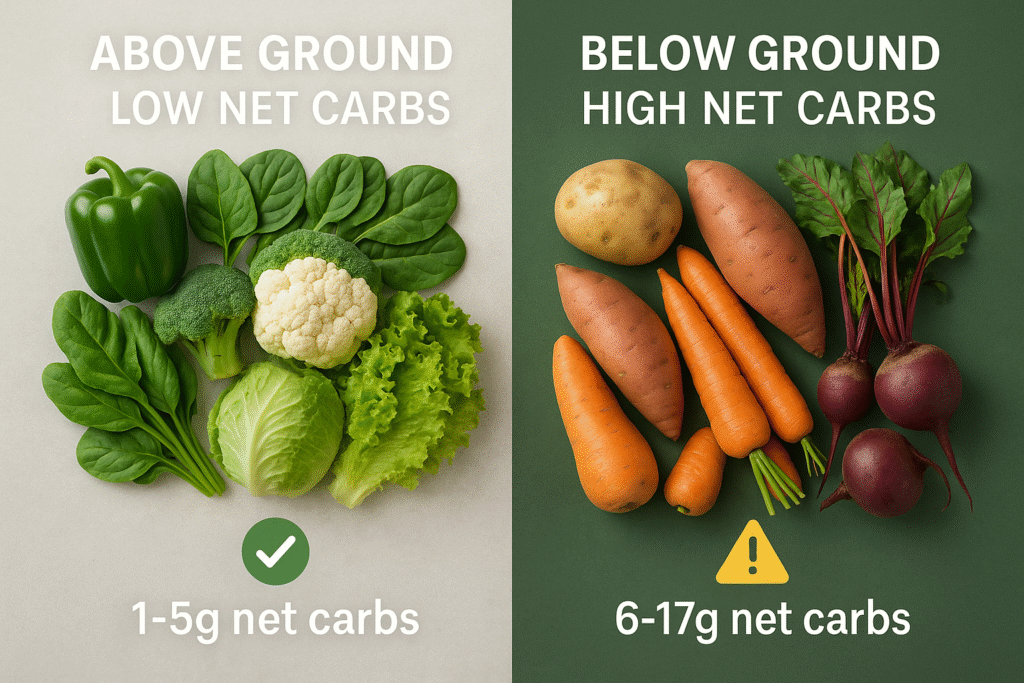 A visual guide comparing above-ground low net carb vegetables like lettuce and peppers to starchy, below-ground vegetables like potatoes and carrots.