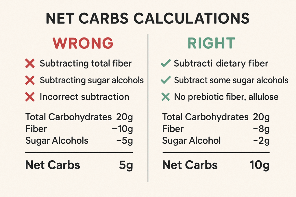 net carbs calculation mistakes comparison showing wrong vs right methods side by side