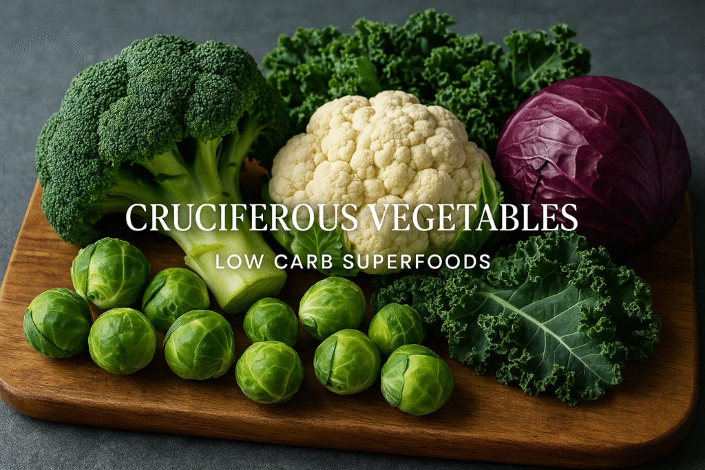 An image showcasing the health benefits of cruciferous low net carb vegetables, with broccoli, cauliflower, and Brussels sprouts highlighted.