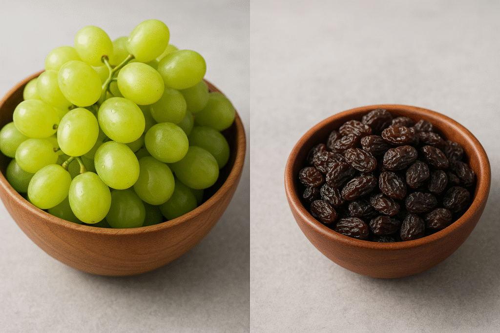 Side-by-side comparison of fresh grapes and dried raisins showing the dramatic concentration of net carbs in fruits when dried