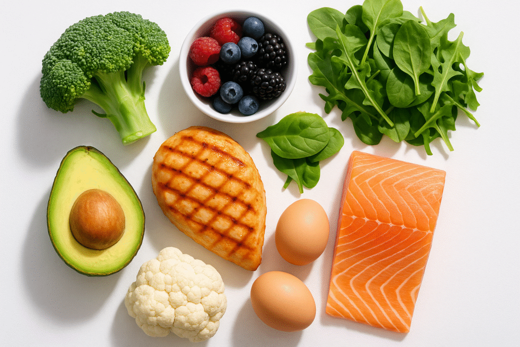 net carbs for weight loss foods including grilled chicken, broccoli, leafy greens, avocado, eggs, salmon, and berries
