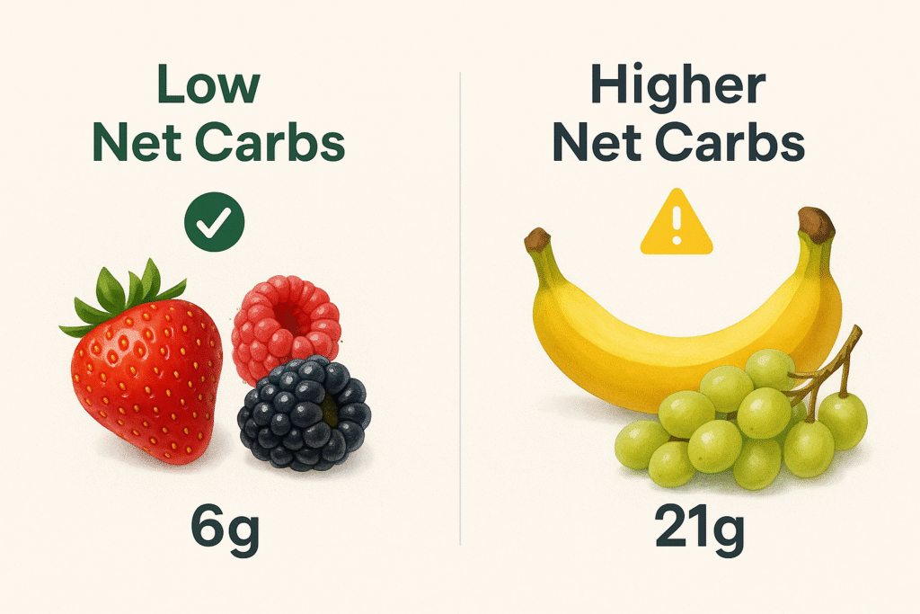 Visual comparison showing low net carb fruits like berries versus higher net carb fruits like bananas and grapes to explain net carbs in fruits