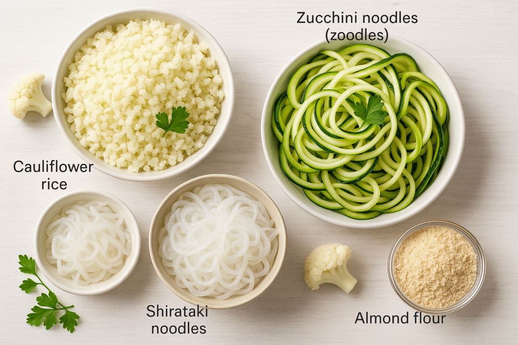 An image showcasing low-carb grain alternatives such as cauliflower rice, zucchini noodles, and almond flour, which are excellent substitutes for those monitoring their intake of net carbs in grains.