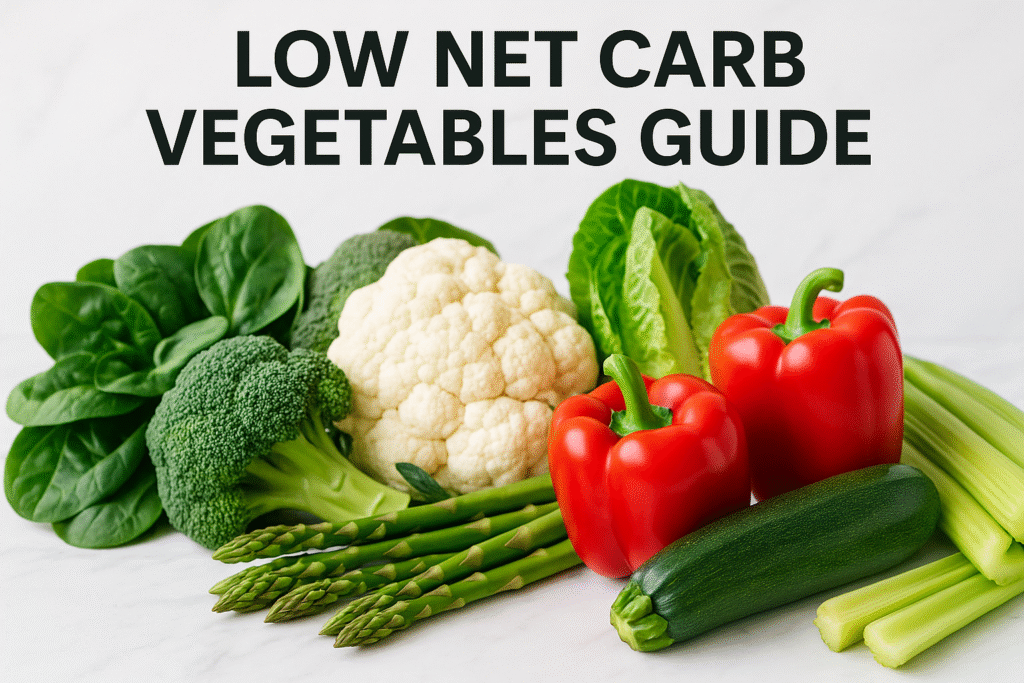 A vibrant hero image for a low net carb vegetables guide, featuring an abundant spread of fresh, non-starchy vegetables like spinach, broccoli, bell peppers, and cauliflower.