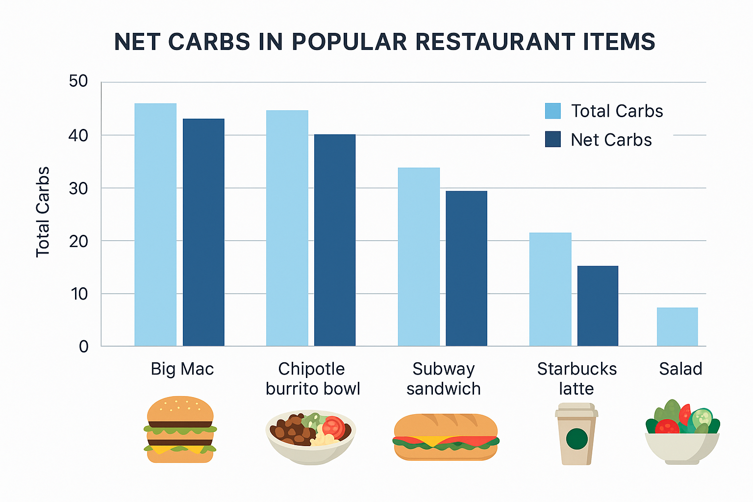 "net carbs in restaurant chains comparison chart showing Big Mac, Chipotle bowl, Subway sandwich, Starbucks latte, and salad"