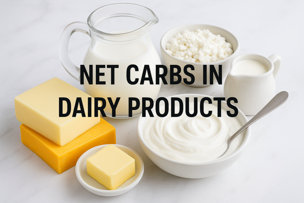 Net Carbs in Dairy Products title with an assortment of dairy including milk, cheese, yogurt, butter, and cream illustrating net carbs in dairy products