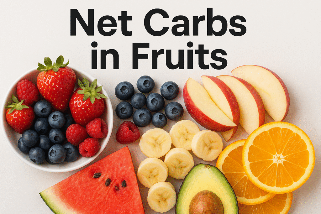Net Carbs in Fruits title with an assortment of fresh fruits including strawberries, blueberries, raspberries, apple slices, banana, orange, watermelon, and avocado illustrating net carbs in fruits