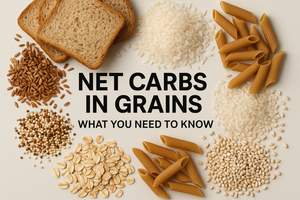 A hero image for an article on net carbs in grains, featuring the title text overlaid on an arrangement of various grains like rice, quinoa, oats, and bread