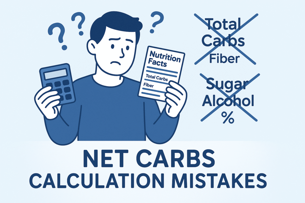 net carbs calculation mistakes guide showing confused person with nutrition label and calculator