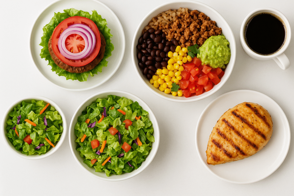 net carbs in restaurant chains low-carb meal options including bunless burger, salad, and grilled chicken