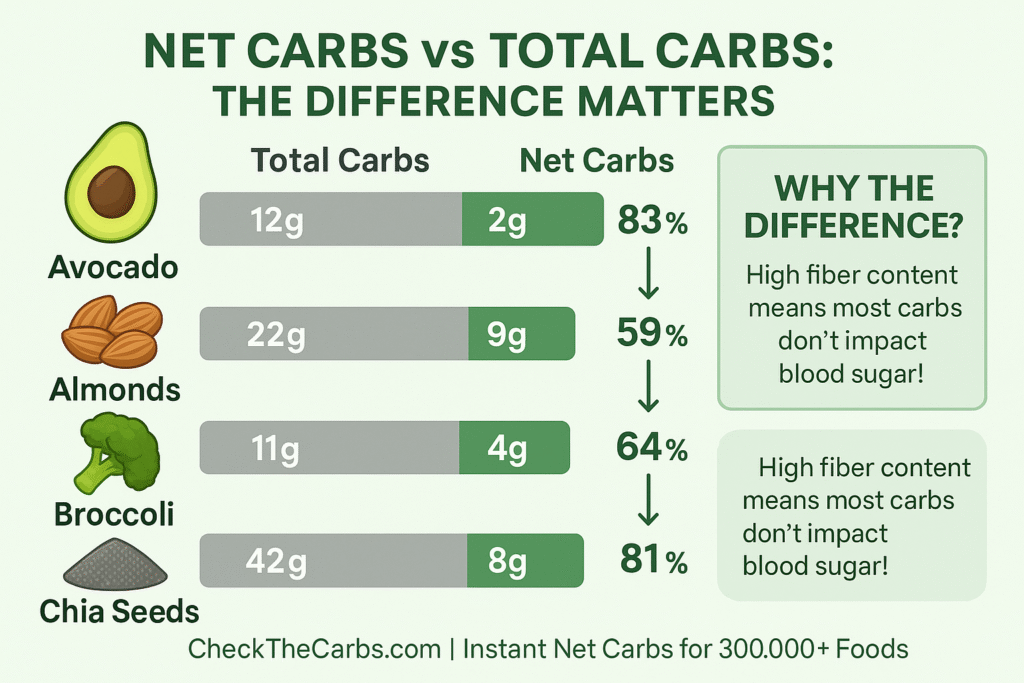 Alt text: Side-by-side comparison of total carbs vs net carbs in high-fiber foods: avocado, almonds, broccoli, and chia seeds*