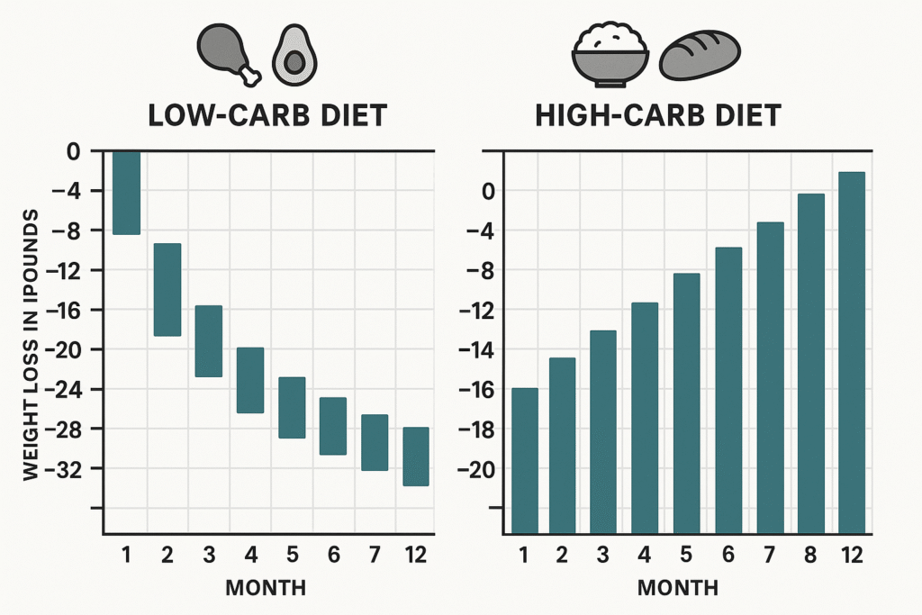 net carbs for weight loss comparison chart showing low-carb diet vs high-carb diet results over 12 months
