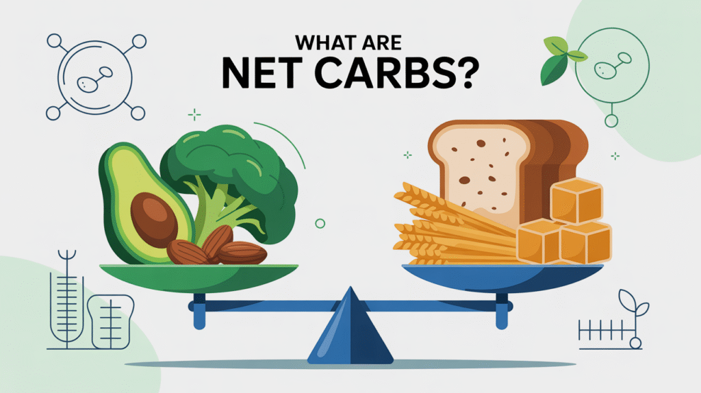 Infographic comparing low-carb and high-carb foods on a balanced scale illustrating the concept of net carbs