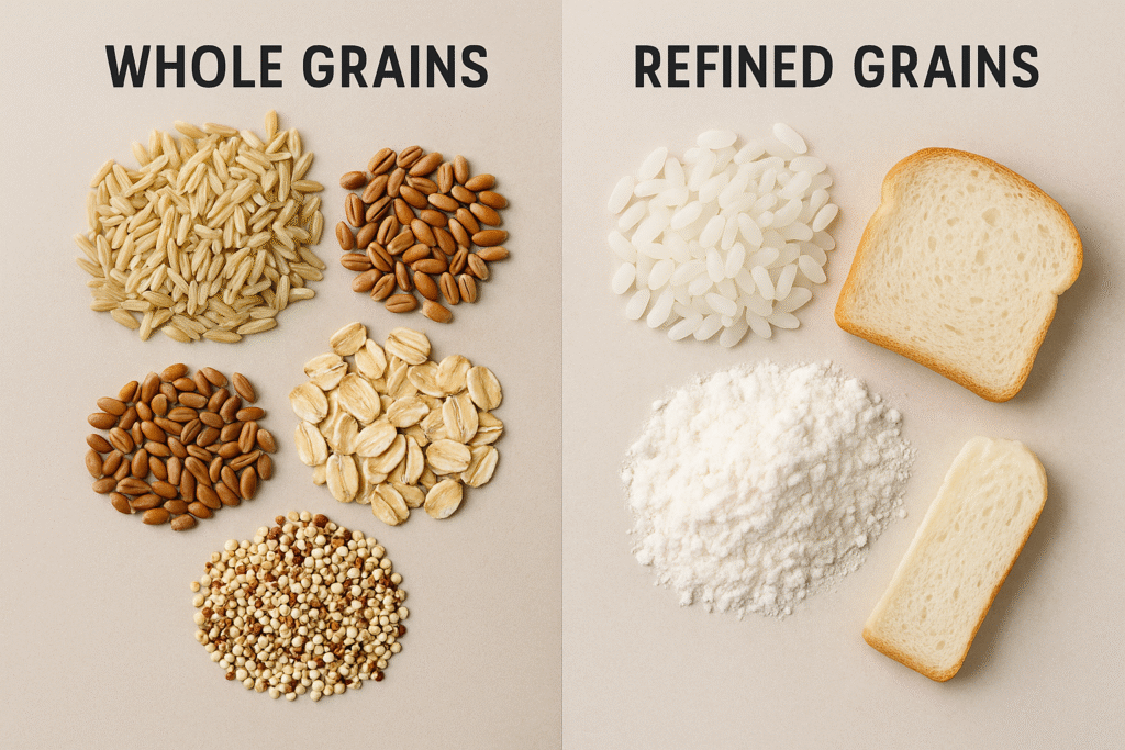 A comparison image showing the difference between whole grains (like brown rice and oats) and refined grains (like white rice and white bread) to illustrate the concept of net carbs in grains.
