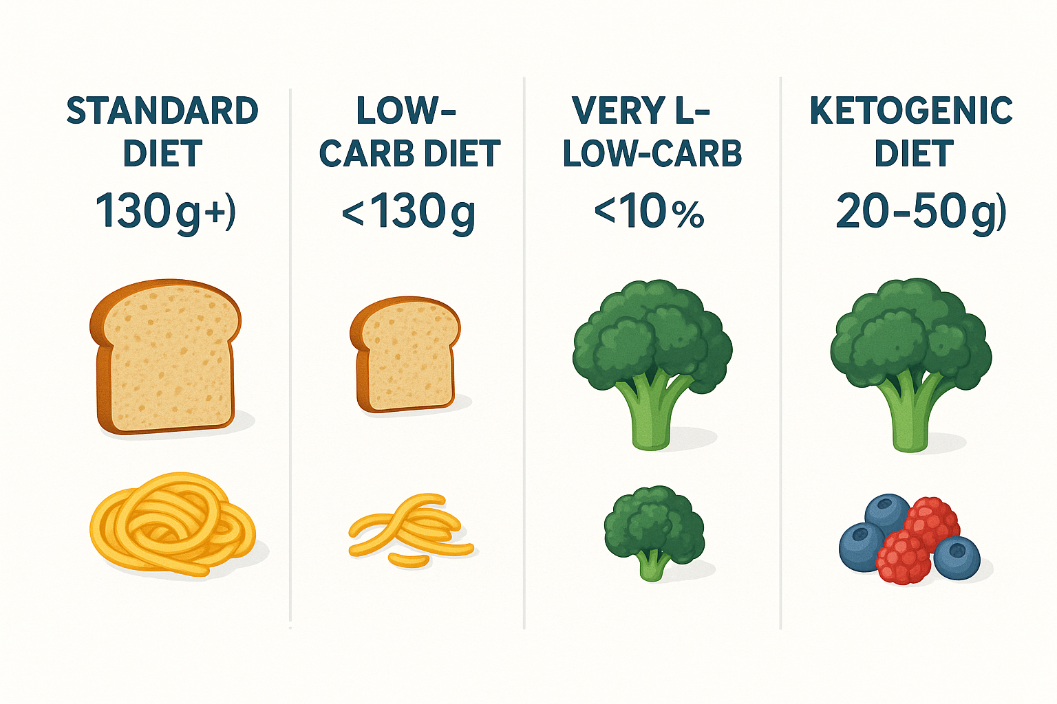 Infographic comparing the daily carb limits of different low-carb diets, from Standard (130g+) to Ketogenic (20-50g), to explain the range of net carbs on low-carb diets.