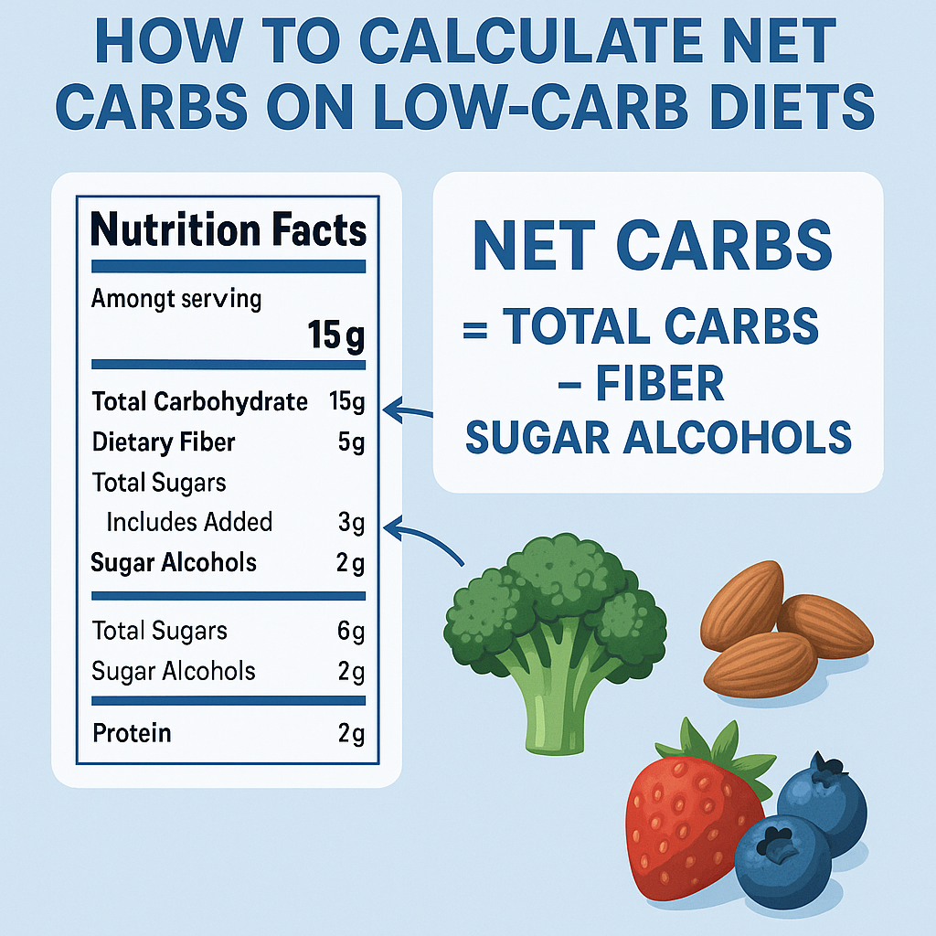 An educational guide showing how to calculate net carbs on low-carb diets by subtracting fiber and sugar alcohols from total carbohydrates, with a sample nutrition label.