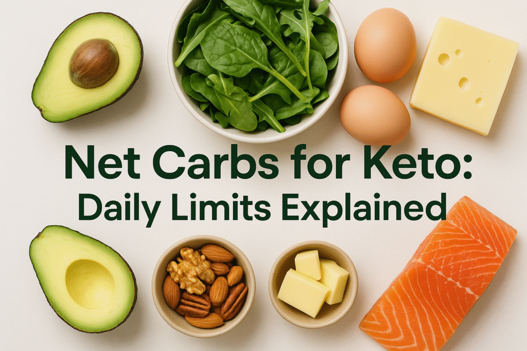 Net Carbs for Keto Daily Limits Explained title with keto-friendly foods including avocados, eggs, cheese, leafy greens, salmon, and nuts illustrating net carbs for keto