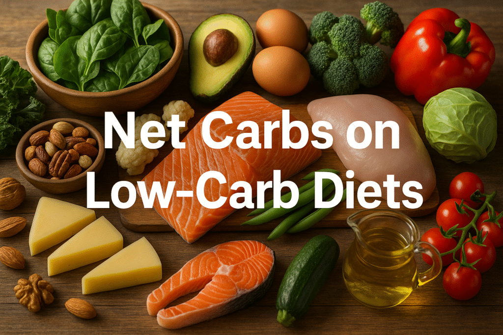 Net Carbs on Low-Carb Diets title with an assortment of fresh low-carb foods including salmon, chicken, leafy greens, avocado, and nuts, illustrating the concept of net carbs on low-carb diets.