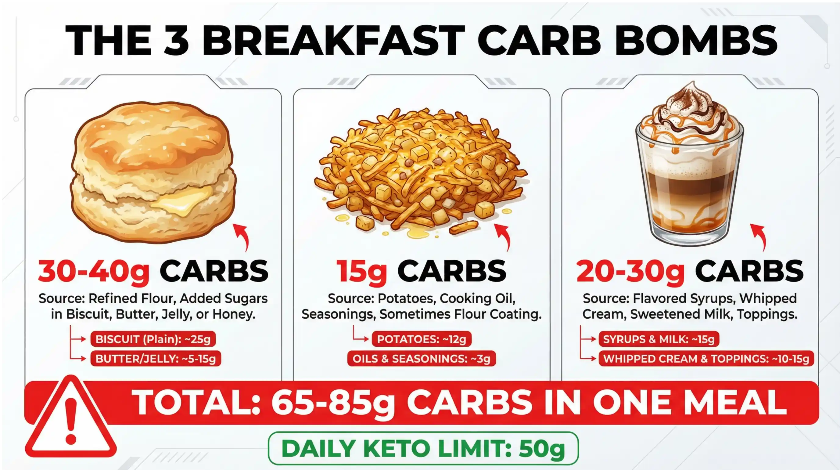 Infographic explaining three breakfast carb bombs—biscuits, hash browns, and sugary coffee drinks totaling 65-85g carbs