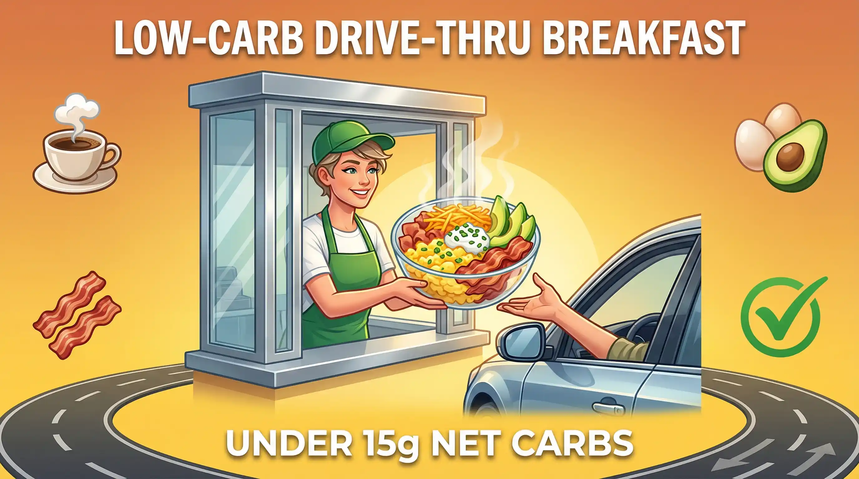 Low-carb drive-thru breakfast hero showing server handing over a protein bowl under 15g net carbs