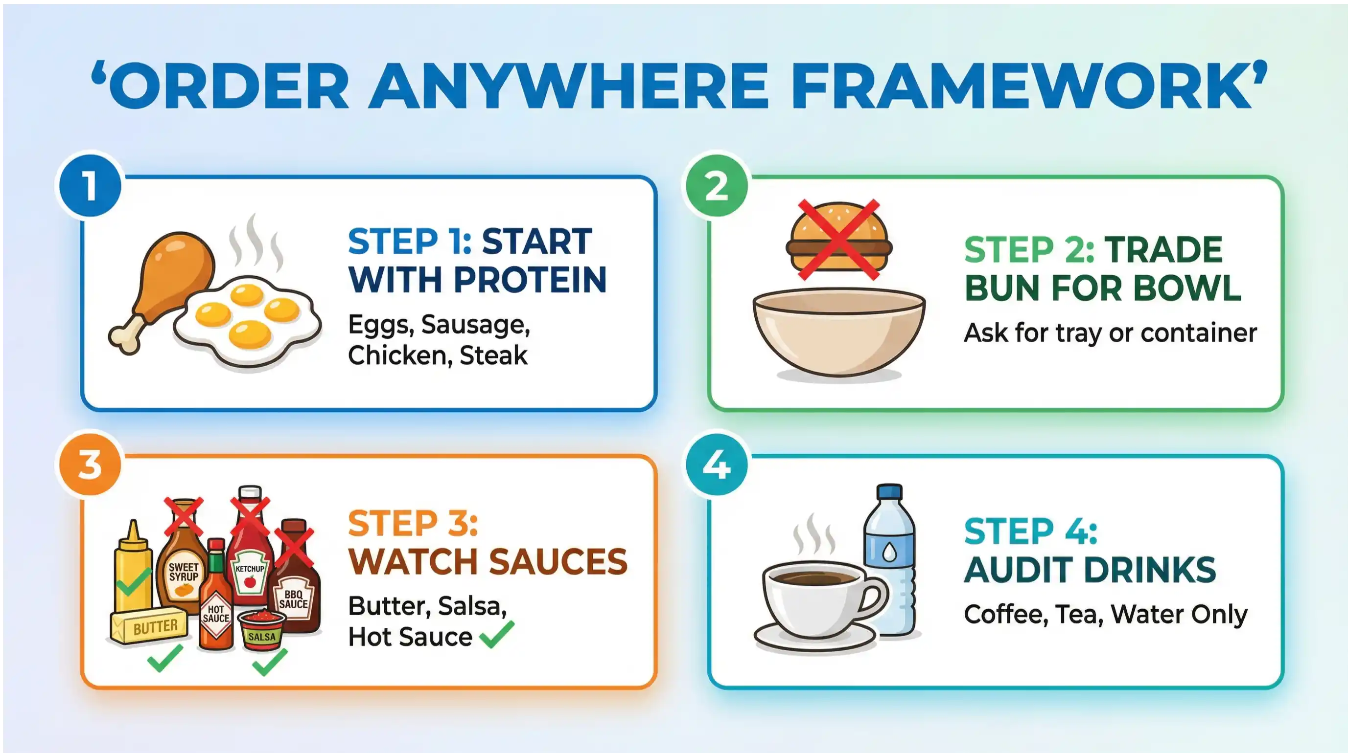 Four-step order-anywhere framework showing protein-first orders, bun-to-bowl swap, sauce control, and drink audit